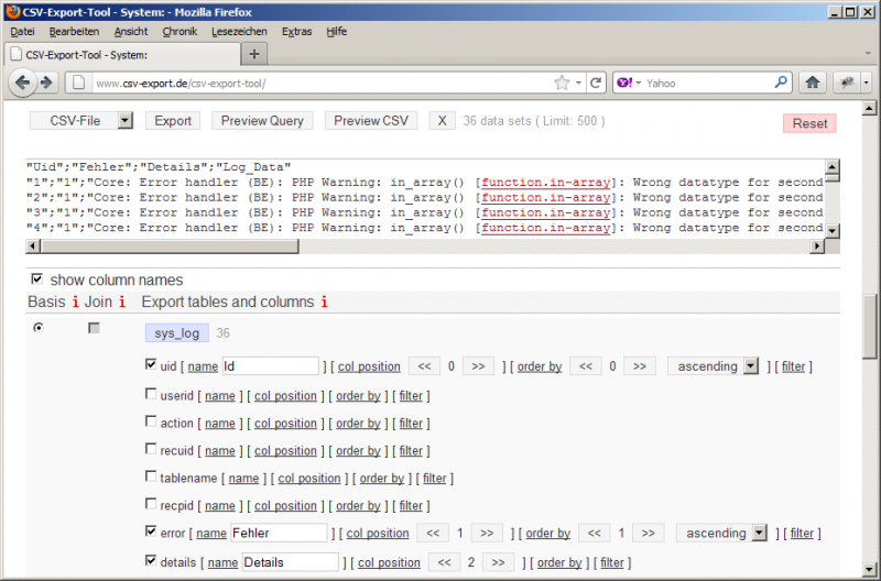 csv export typo3