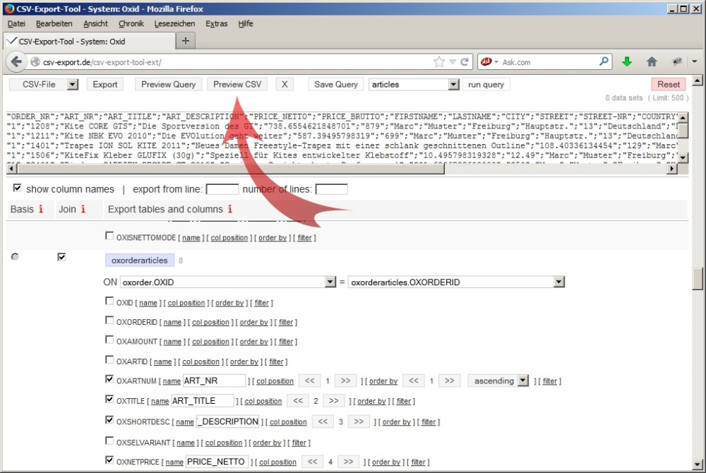 Vorschau der Daten bei der automatischen Erstellung von mySQL-Abfragen